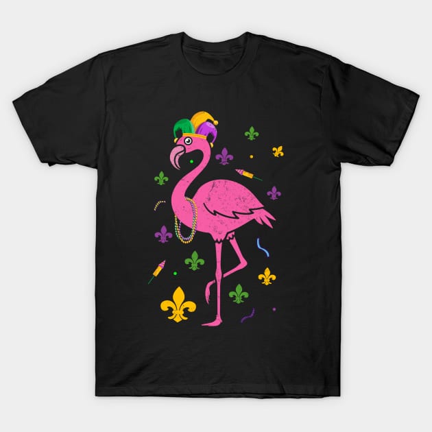 Mardi Gras - Funny Flamingo Wearing Jester Hat Beads Nola T-Shirt by Pizzan